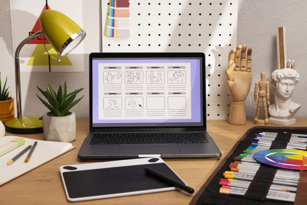 User designing a website on a laptop with a custom logo created in Canva Logo Maker displayed on the screen.