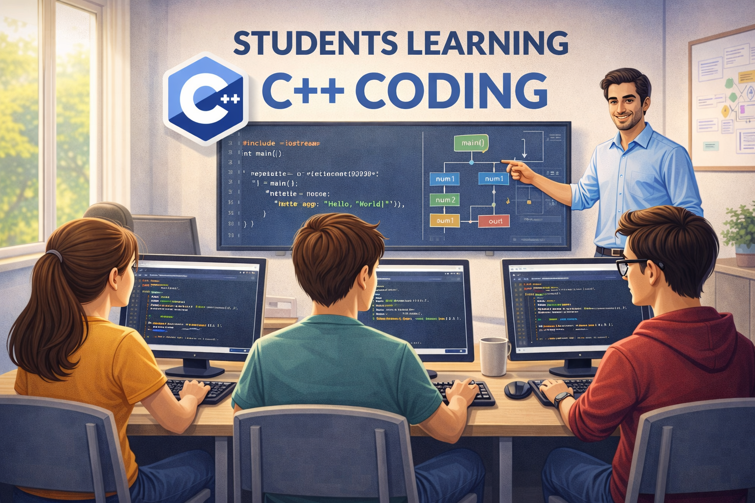 students learning C++ coding on computer