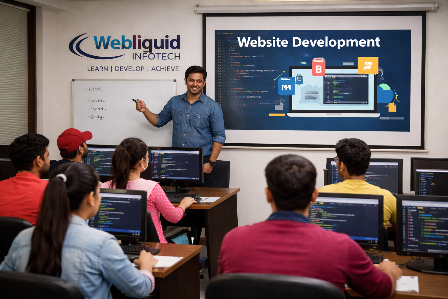 students learning website development at Webliquid Infotech Institute