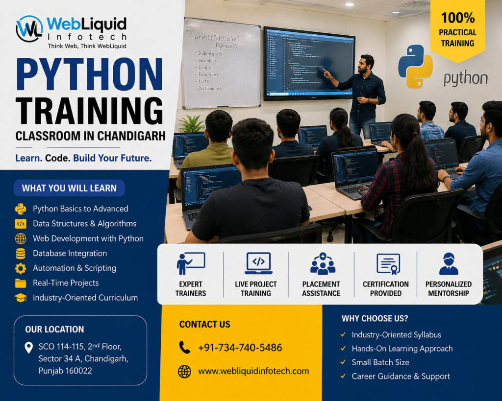 Students attending practical Python training in a modern classroom at WebLiquidinfotech Institute Chandigarh with live coding sessions and project-based learning.
