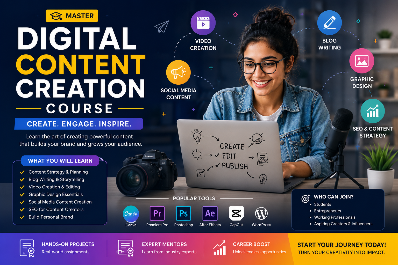Digital Content Creation Course banner featuring content strategy, blog writing, video creation, graphic design, SEO, social media marketing, and popular creator tools.